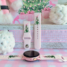 Pretty in PinkMas Samsung Galaxy Watch band in pink stripes with bow-tied Christmas trees, shown as two straps and on a rose gold Galaxy Watch