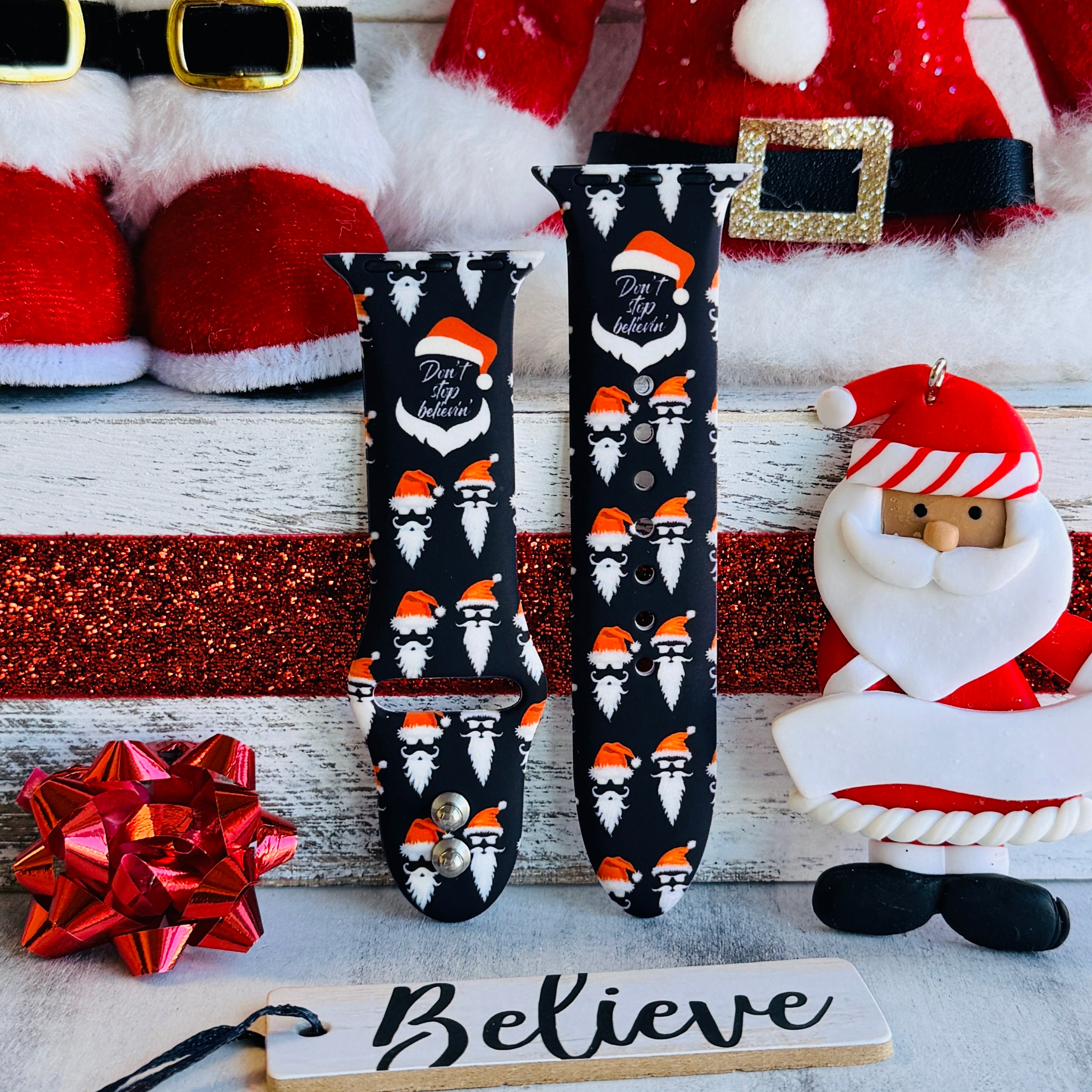 Don't Stop Believin' Santa Apple Watch strap with festive beard and hat design
