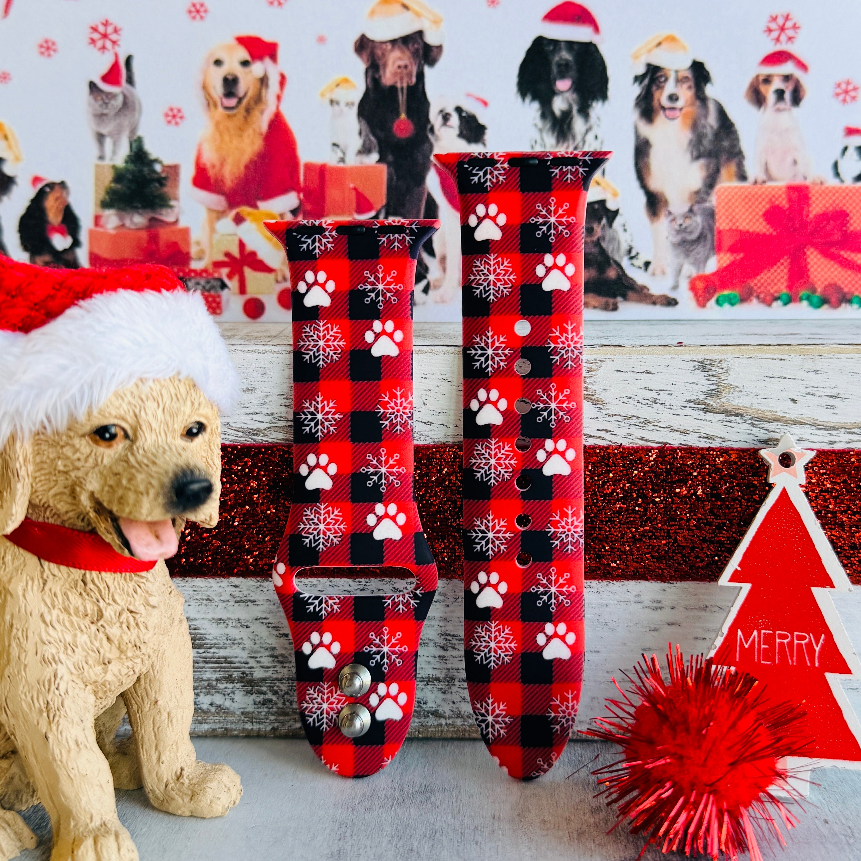 Pawliday Plaid Apple Watch band coordinated with matching pet bandana and holiday accessories
