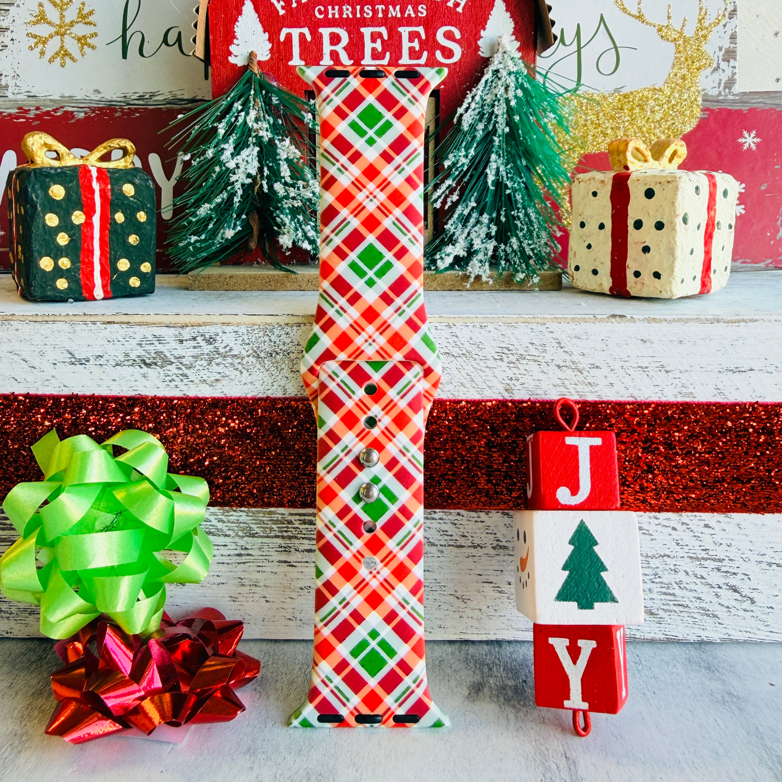 Merry Tartan holiday Apple Watch strap with traditional Scottish plaid in festive colors
