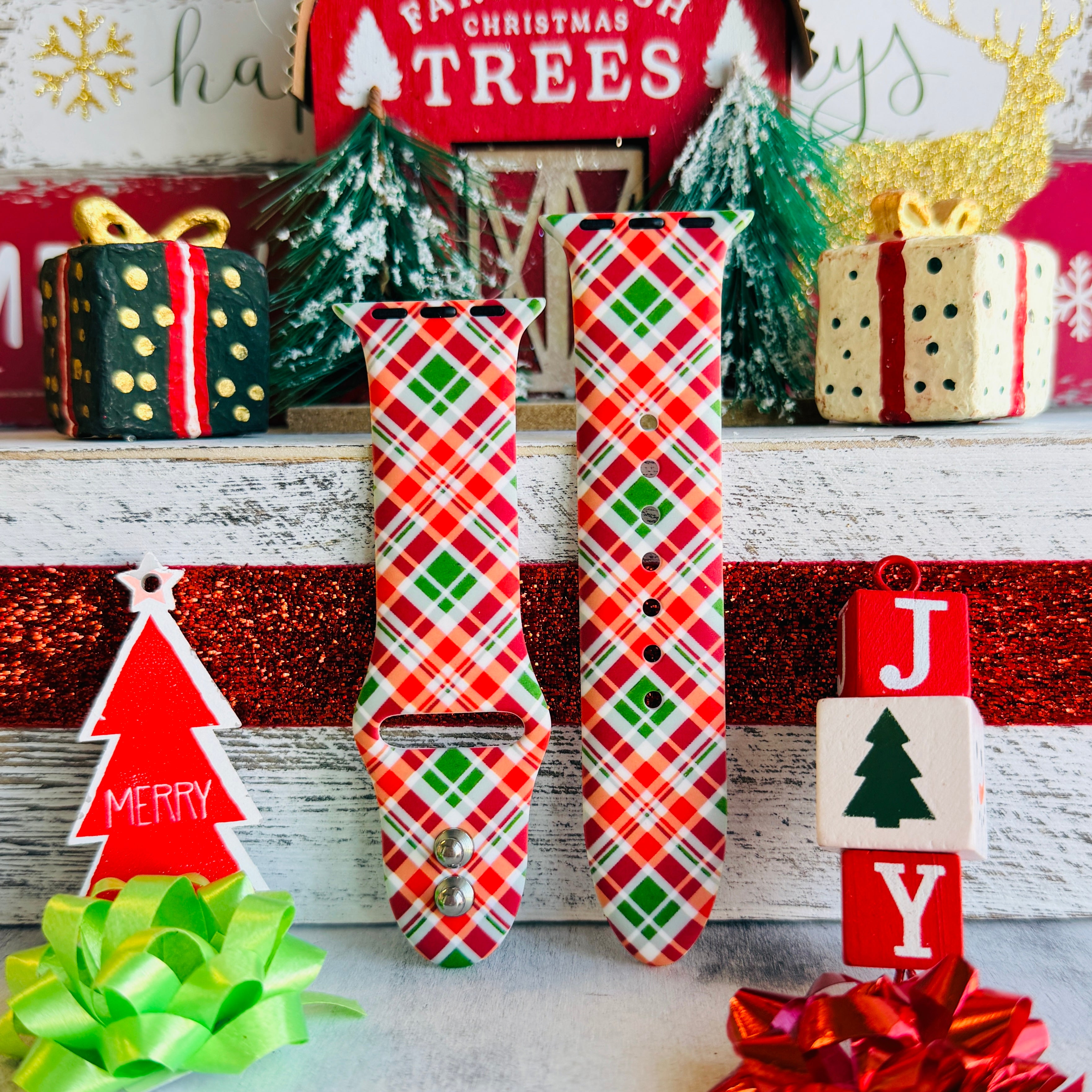 Merry Tartan plaid Apple Watch band styled with classic Christmas decorations and tartan accessories
