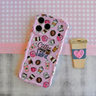 Phone case with coffee-themed design on a checkered background