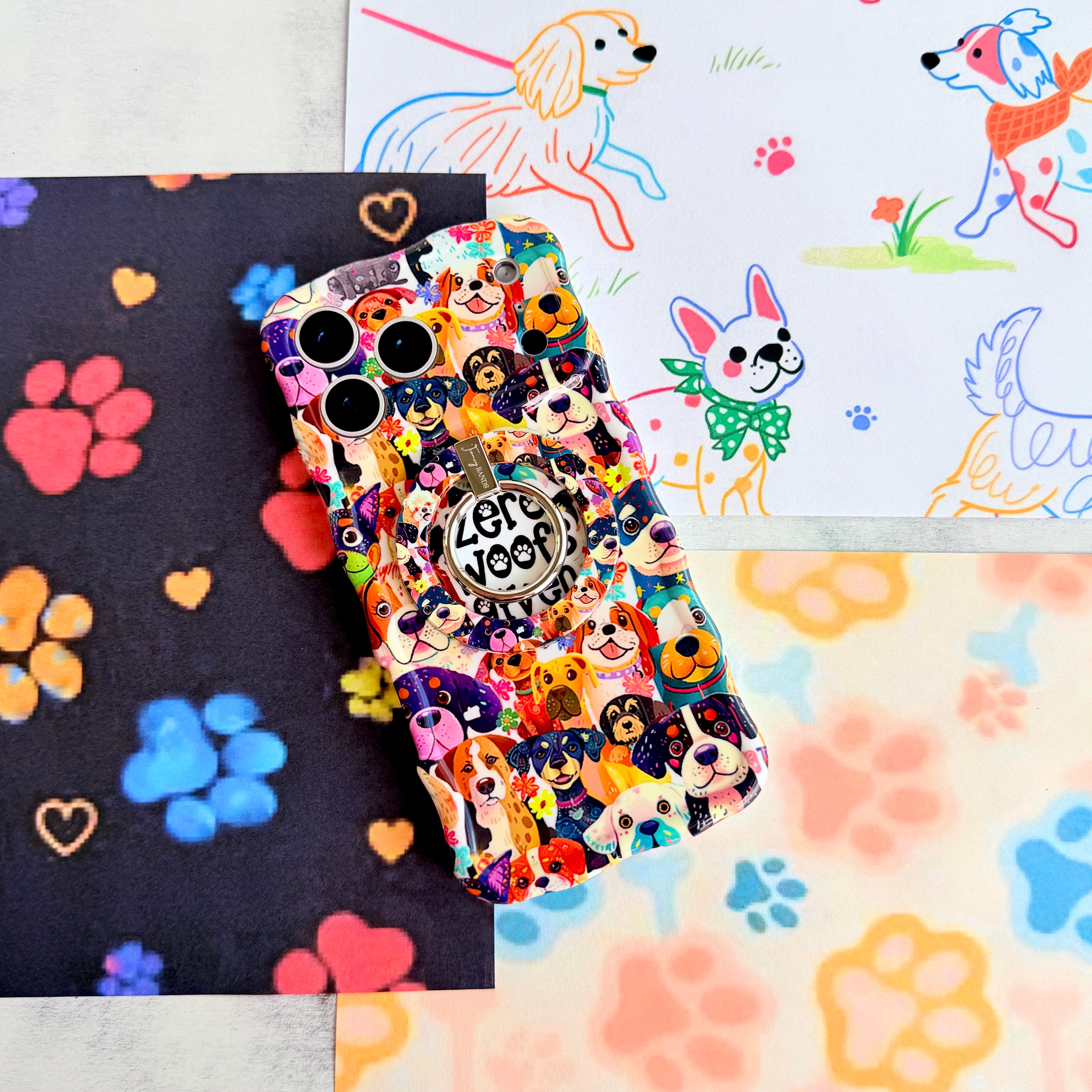 Zero Woofs Given Wavy Luxe MagSafe iPhone case with a colorful illustrated dog print design from Fancy Bands