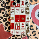 Trendy red and white wavy iPhone case featuring a collage of leopard print cherries, 8-balls, red lips, and lucky 777 dice with a high-gloss finish.