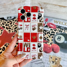 Trendy red and white wavy iPhone case featuring a collage of leopard print cherries, 8-balls, red lips, and lucky 777 dice with a high-gloss finish.