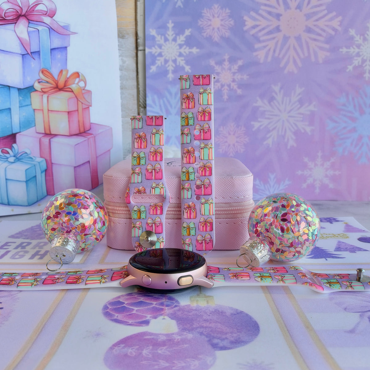 No Peeking, Darling Samsung Galaxy Watch band on a rose gold Galaxy Watch, with both straps on a pink jewelry box