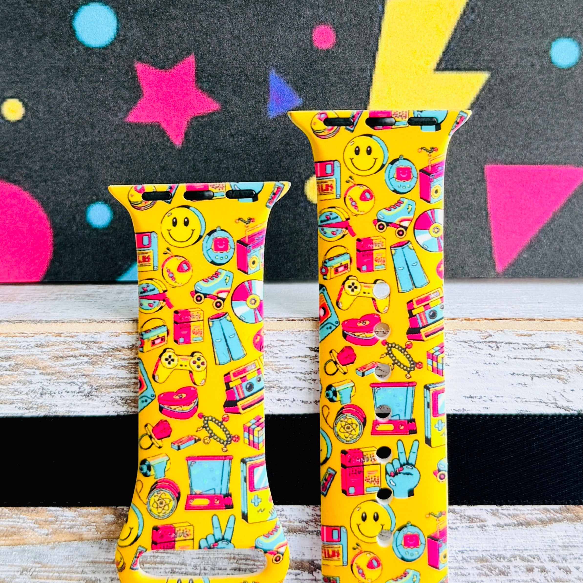 Oops It's the 90's yellow retro 90s print silicone band for Apple Watch from Fancy Bands