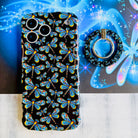Dragonfly Dreams pattern MagSafe phone grip ring with colorful stained-glass style dragonflies on a black background compatible with iPhone and Samsung