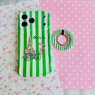 Oh, La La green and white striped MagSafe phone grip ring with classic preppy pattern compatible with iPhone and Samsung