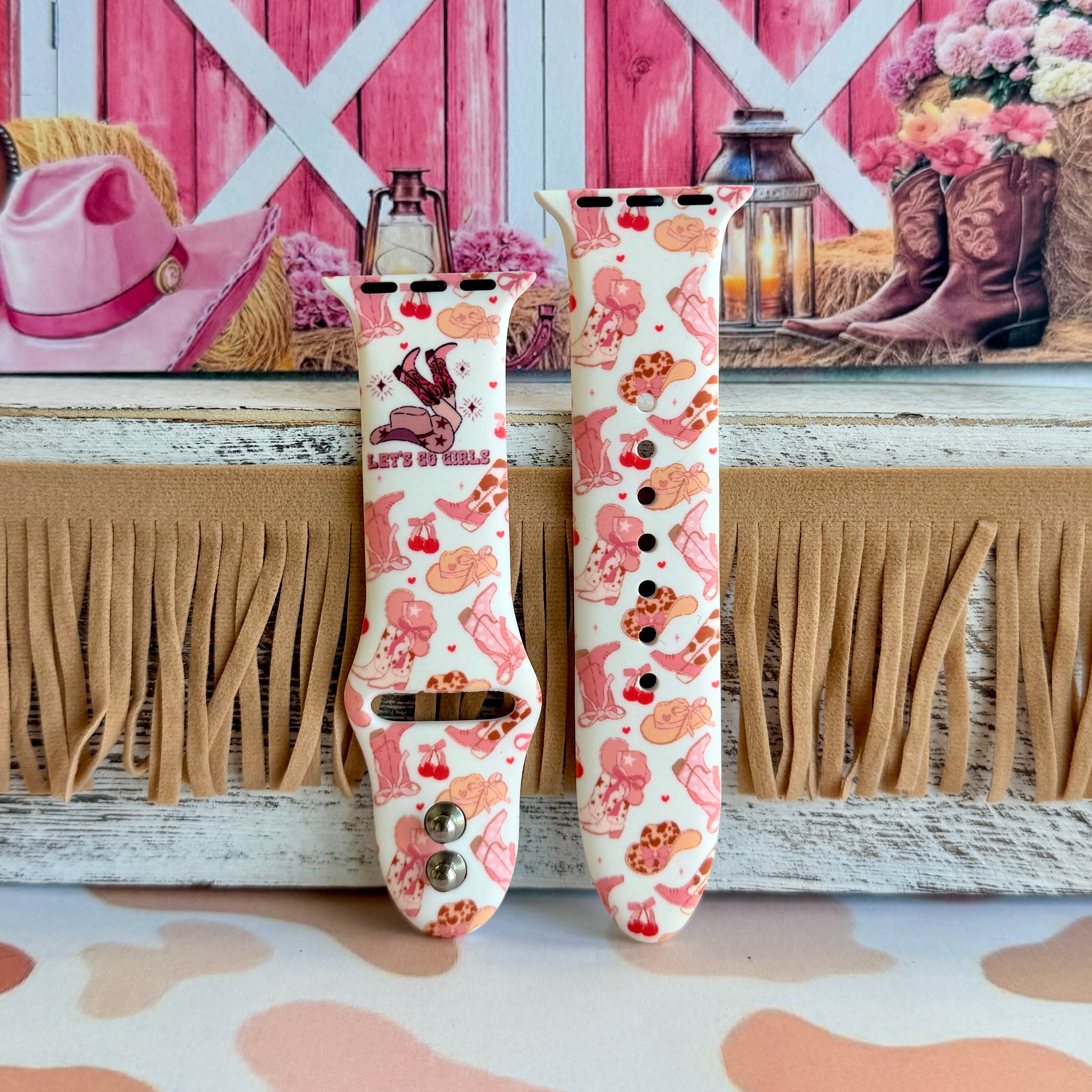 Let's Go Girls Apple Watch band with pink cowboy boots and western hats on mint background with barn decor
