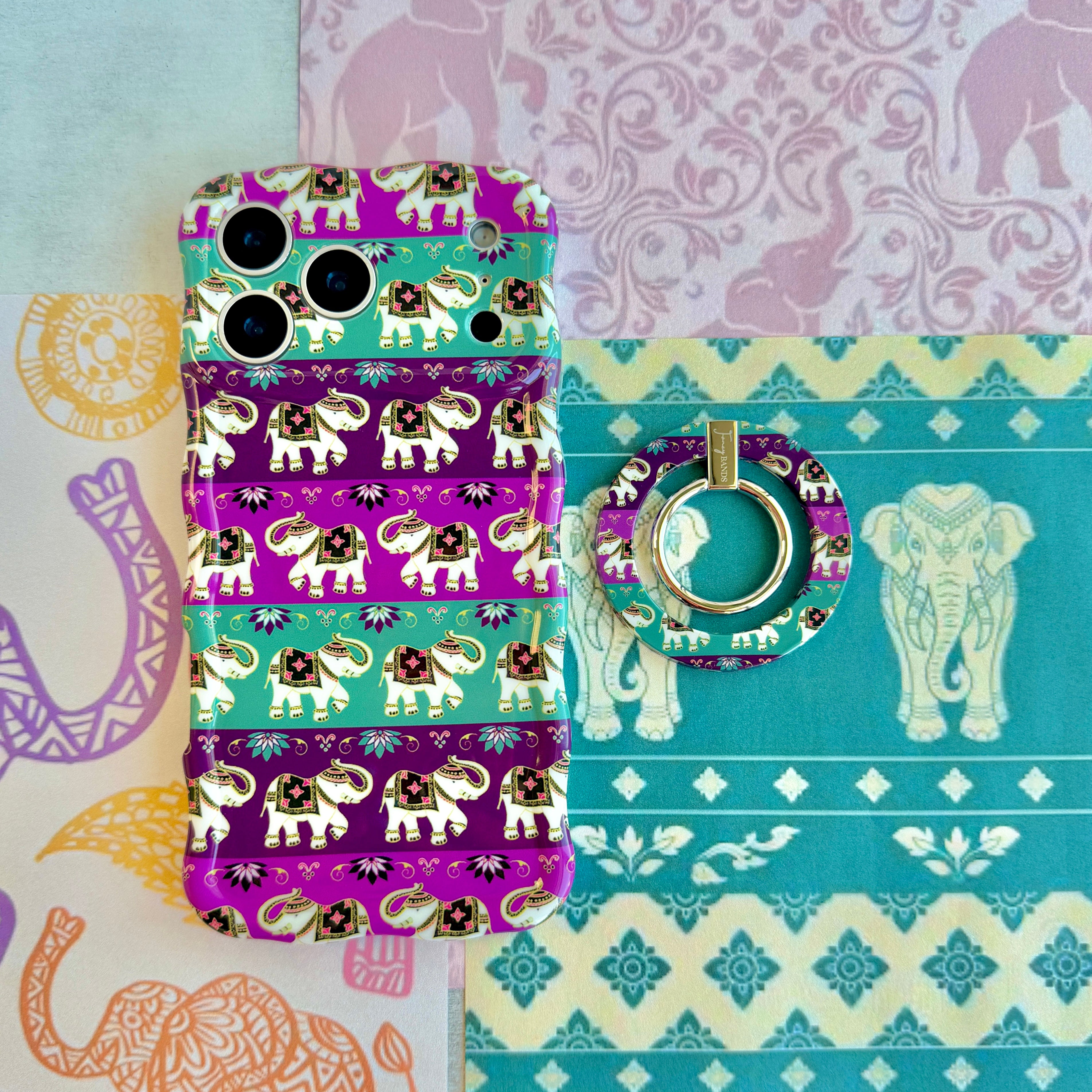 Fortune Parade Hold It Fancy MagSafe grip ring with a colorful boho elephant parade print from Fancy Bands