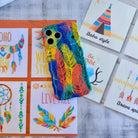 Trendy wavy iPhone case featuring a vibrant layered feather pattern in teal, orange, yellow, and blue with a high-gloss finish.