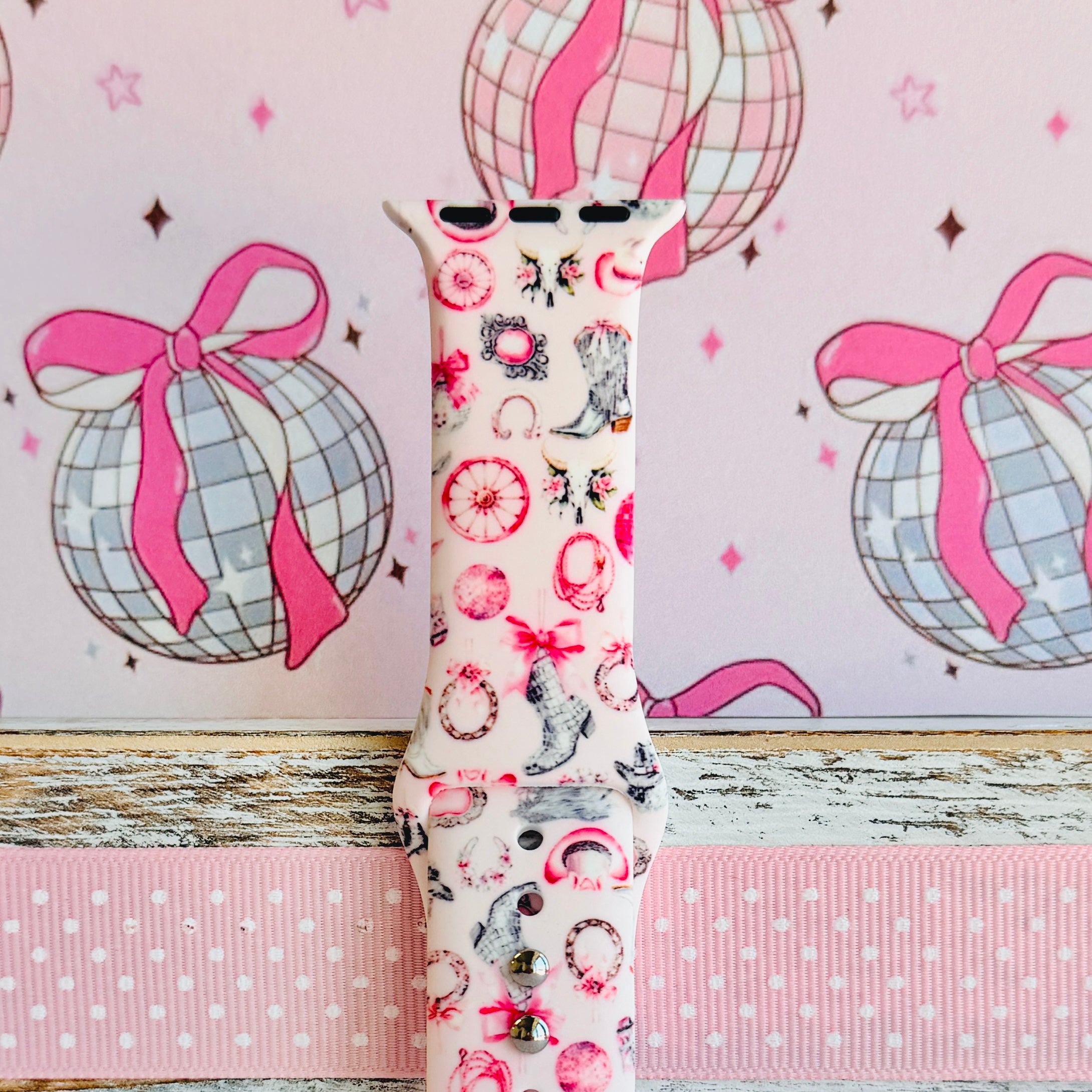 Disco Cowgirl pink western print silicone band for Apple Watch with cowboy boots and disco balls from Fancy Bands