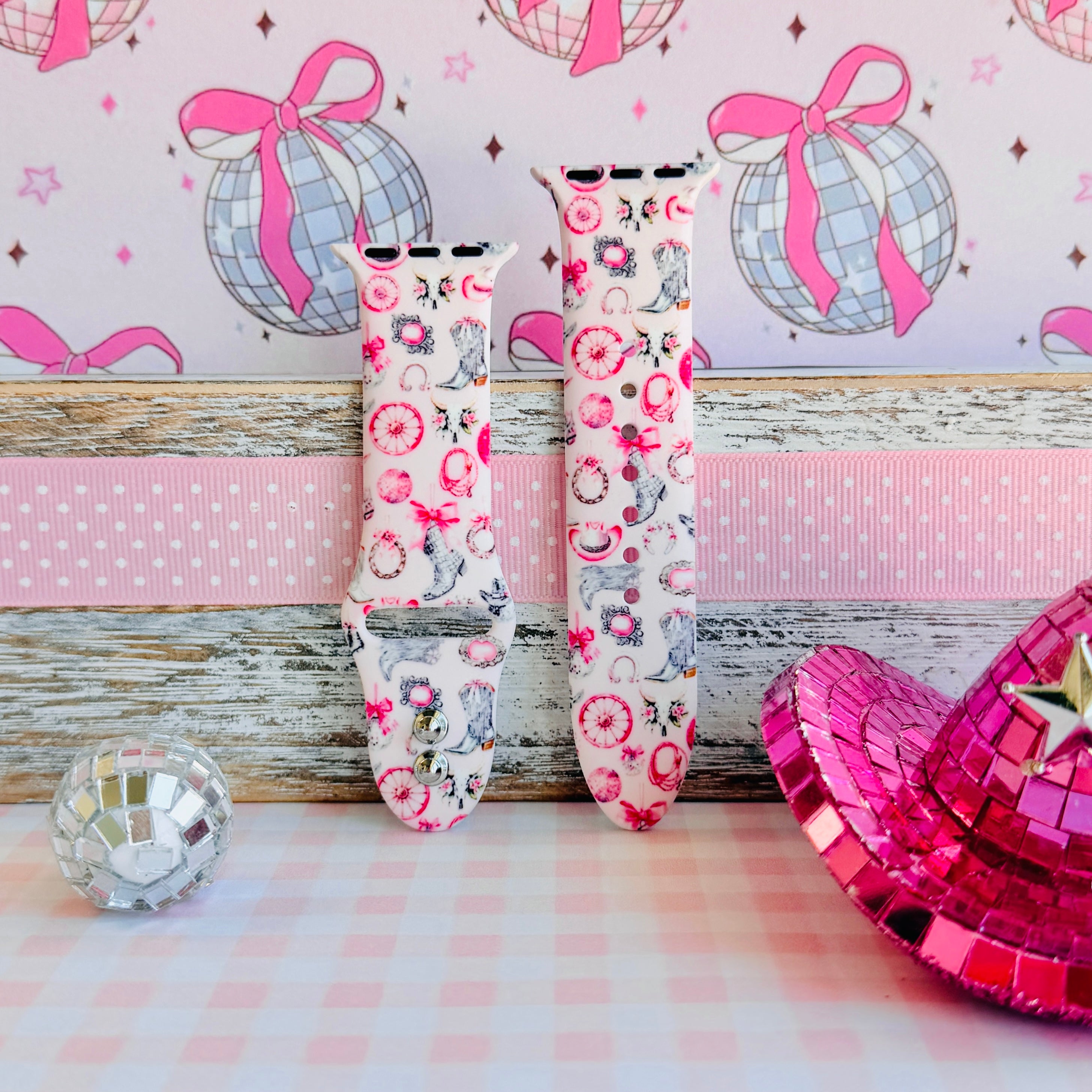 Disco Cowgirl pink western print silicone band for Apple Watch with cowboy boots and disco balls from Fancy Bands