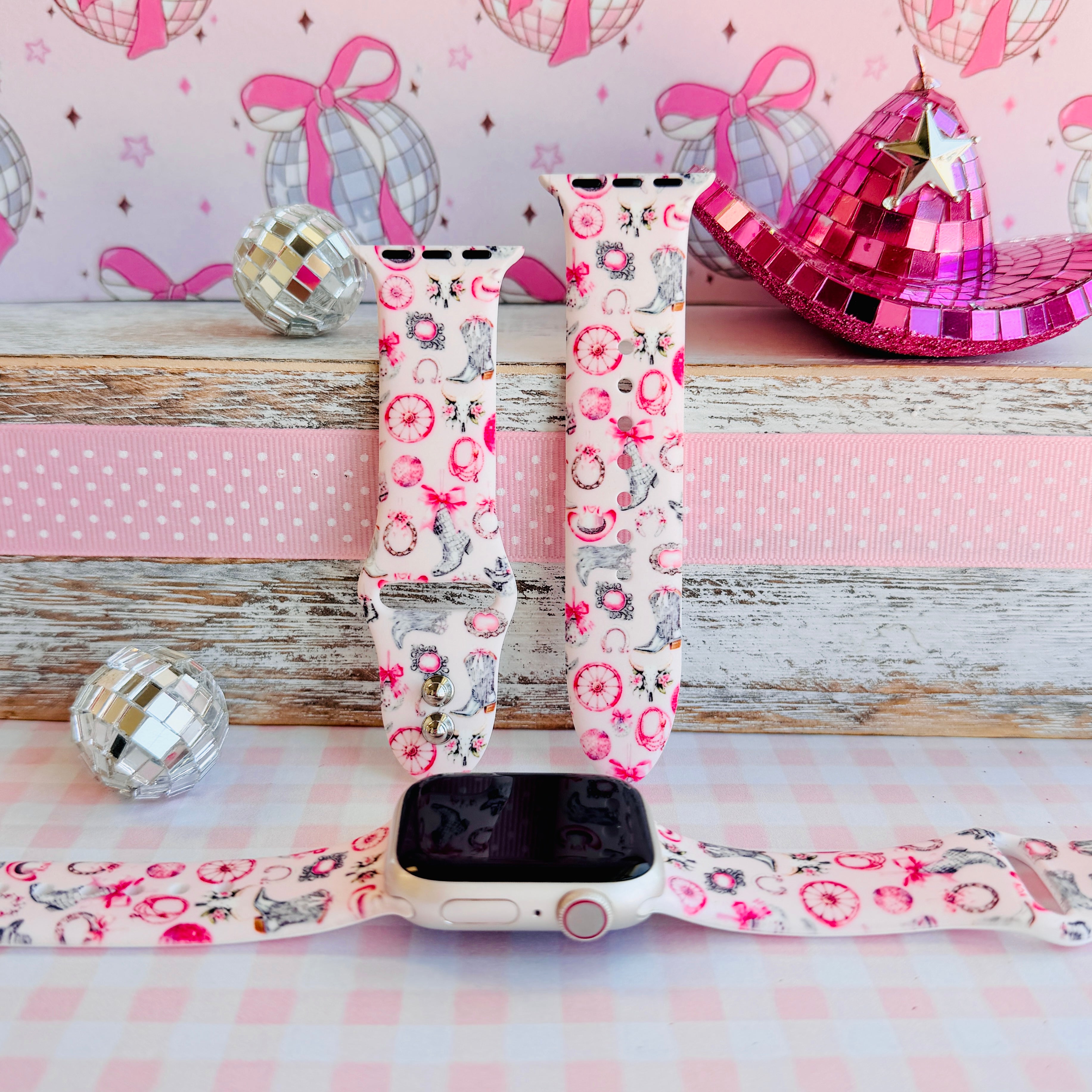 Disco Cowgirl pink western print silicone band for Apple Watch with cowboy boots and disco balls from Fancy Bands