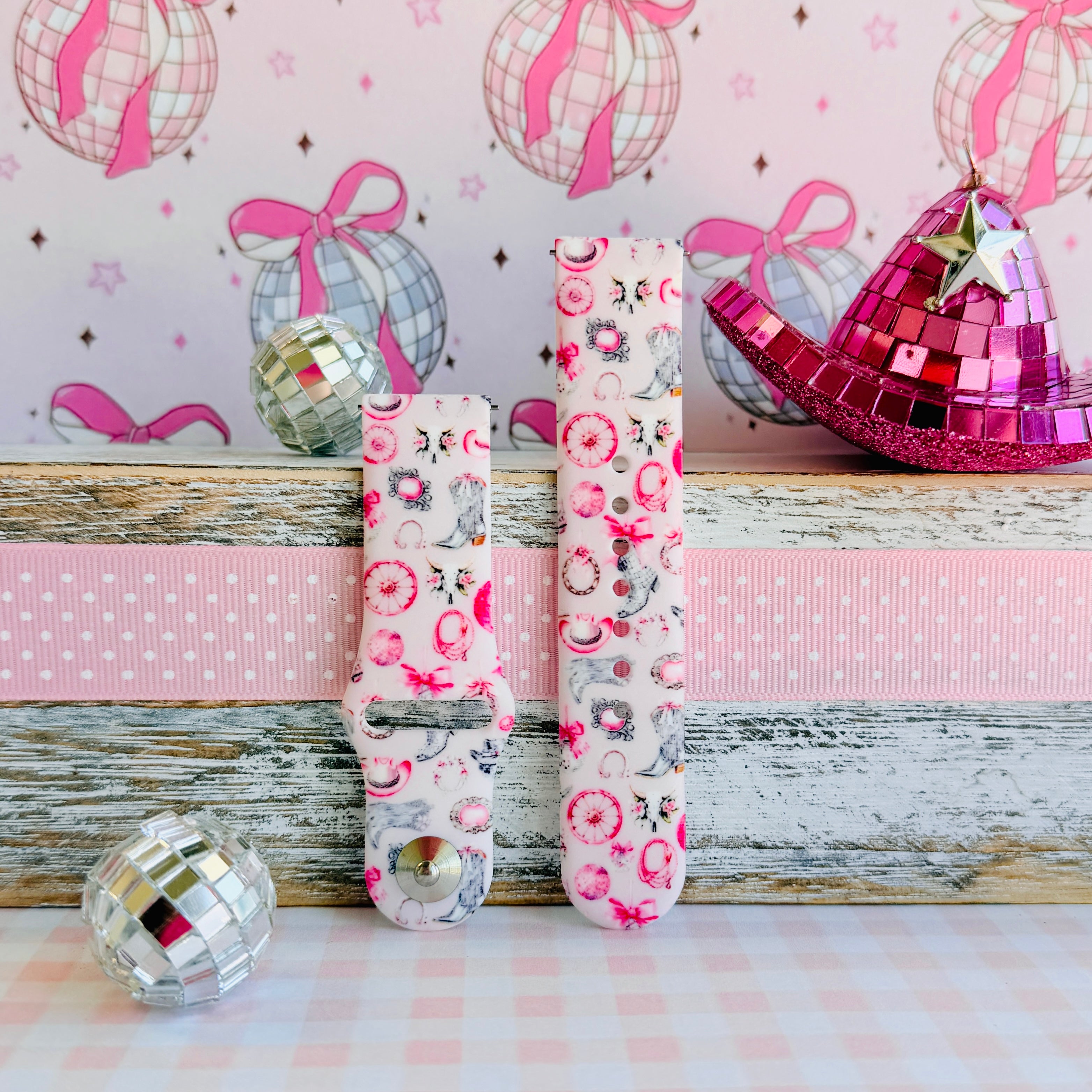 Disco Cowgirl pink western print silicone band for Samsung Galaxy Watch with cowboy boots and disco balls from Fancy Bands