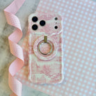 Blush Manor pink toile landscape pattern MagSafe phone grip ring with vintage houses and trees compatible with iPhone and Samsung
