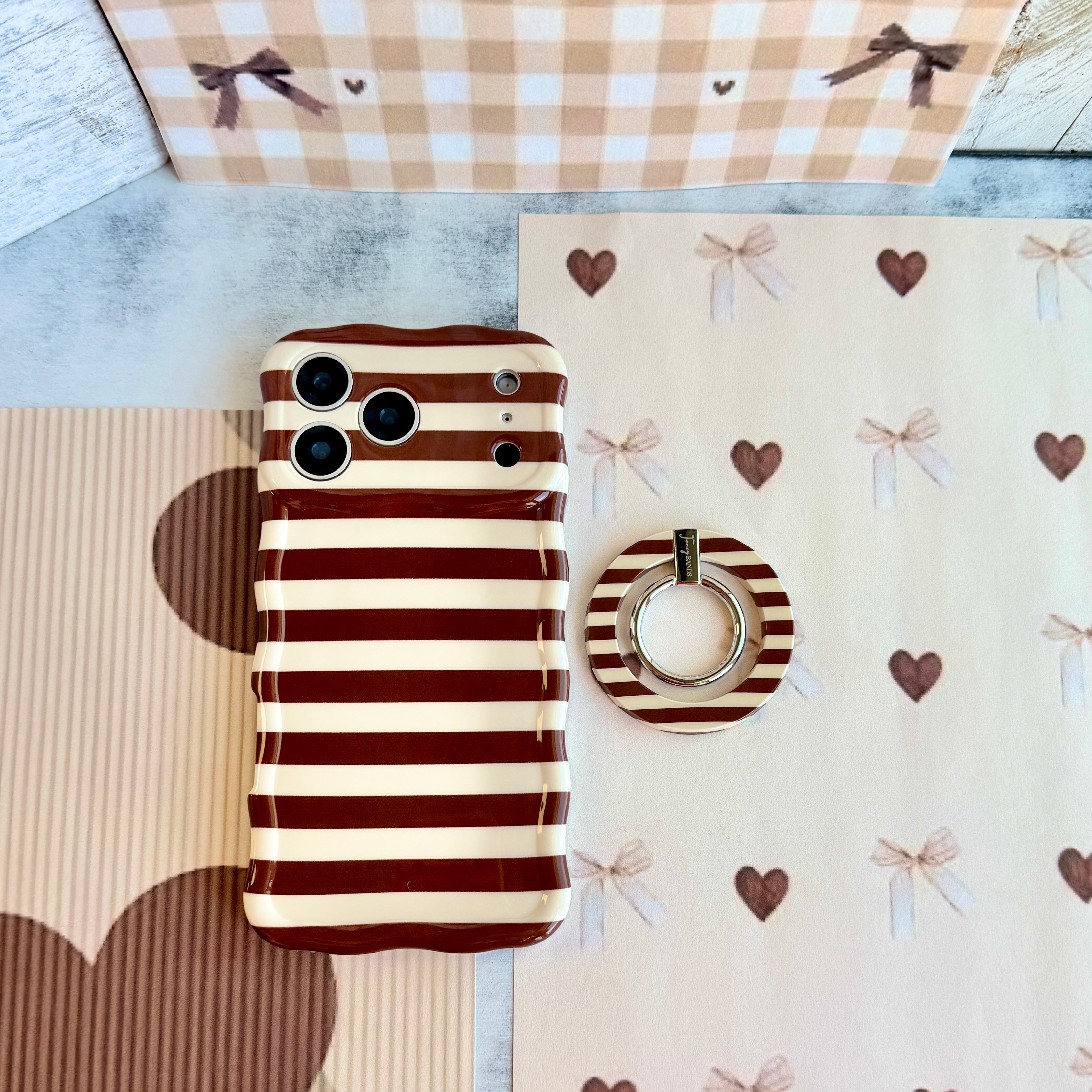 Sweet Espresso Stripes Hold It Fancy MagSafe grip ring with a brown and cream striped print from Fancy Bands