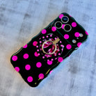 Sweet Spot black and pink polka dot MagSafe phone grip ring and stand compatible with iPhone and Samsung