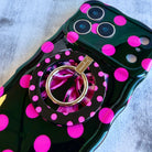 Sweet Spot black and pink polka dot MagSafe phone grip ring and stand compatible with iPhone and Samsung