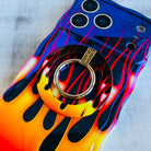 Hot Rod Flame pattern MagSafe phone grip ring and stand with silver ring, compatible with iPhone and Samsung