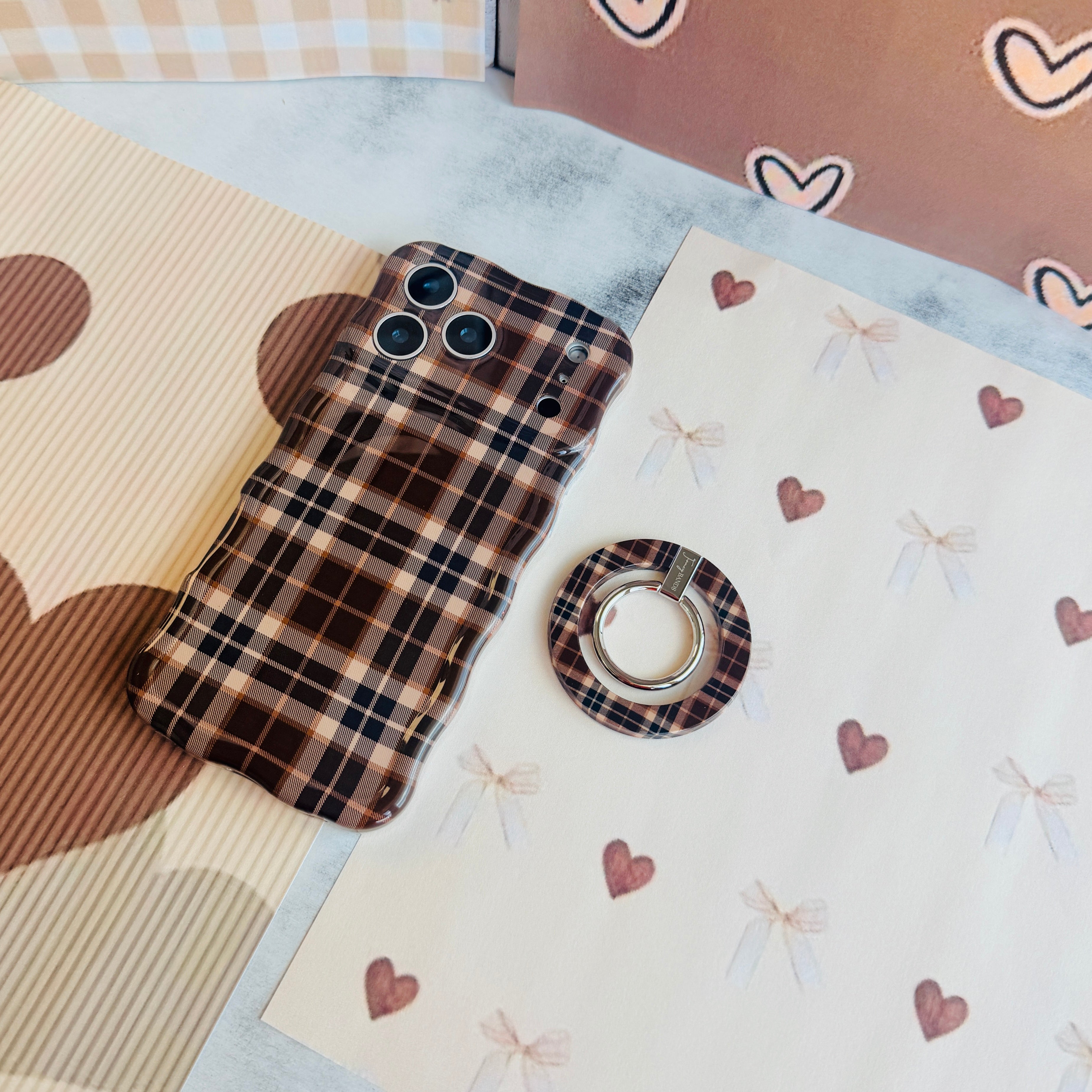 Toffee Tartan Hold It Fancy MagSafe grip ring with a brown, tan and cream tartan plaid print from Fancy Bands