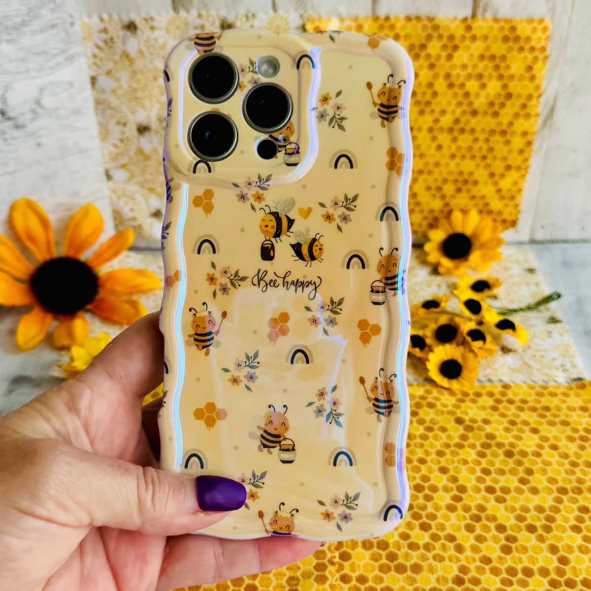 Compatible With IPhone 16 Case,Vintage Bee Floral Amazing Pattern Design Shockproof Yellow