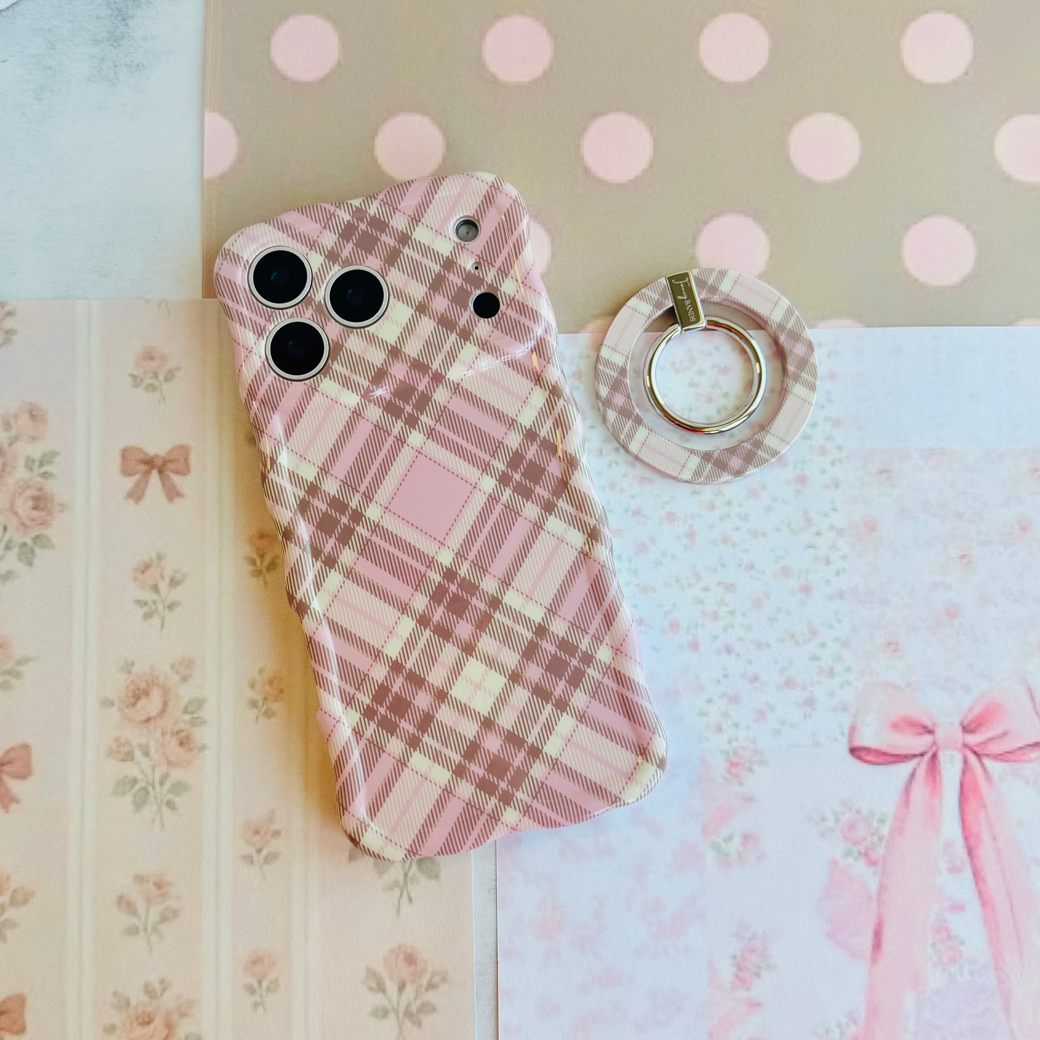 Pink Cashmere Plaid Hold It Fancy MagSafe grip ring with a soft pink, cream and taupe tartan plaid print from Fancy Bands