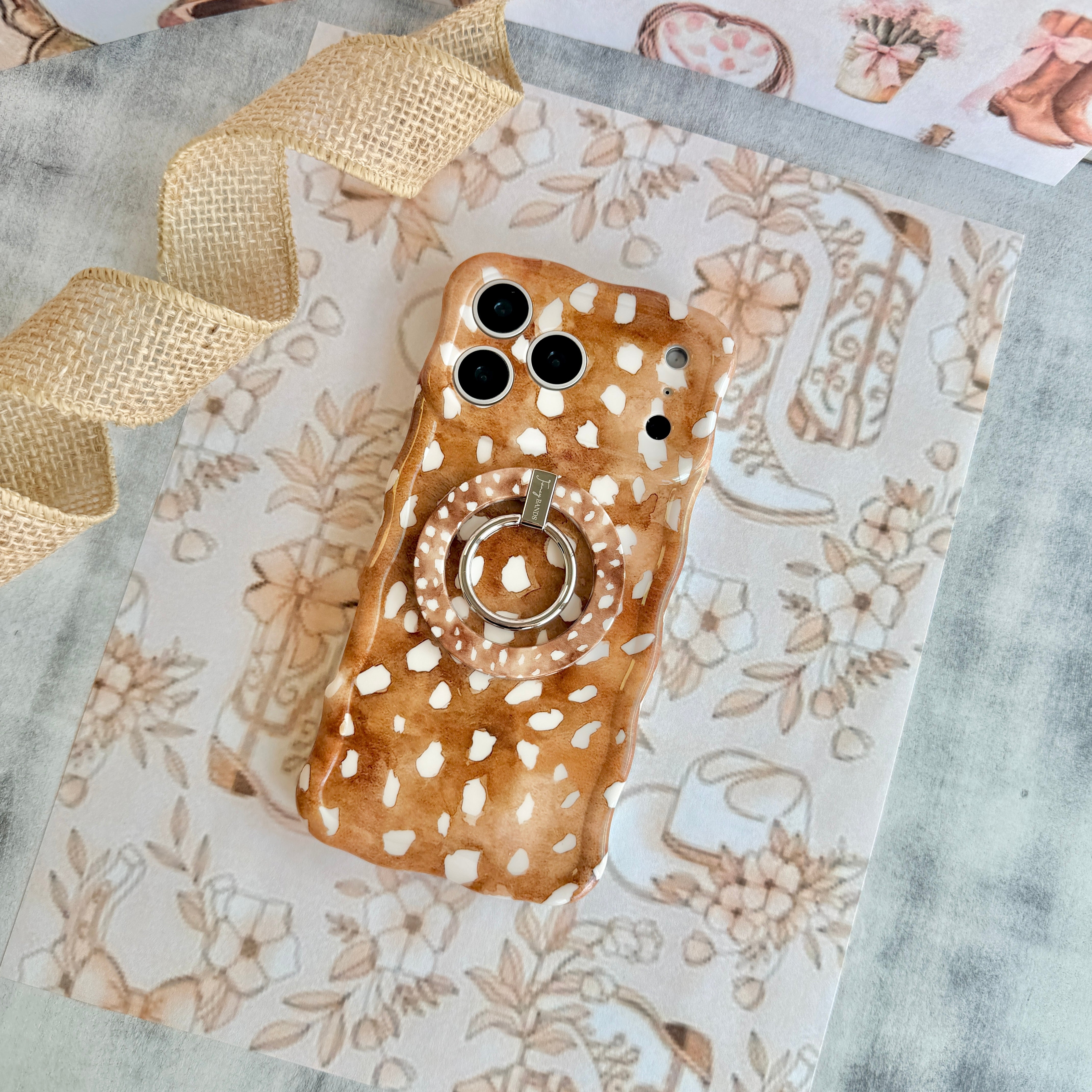 Whiskey Fawn pattern MagSafe phone grip ring with watercolor brown base and creamy white deer spots compatible with iPhone and Samsung