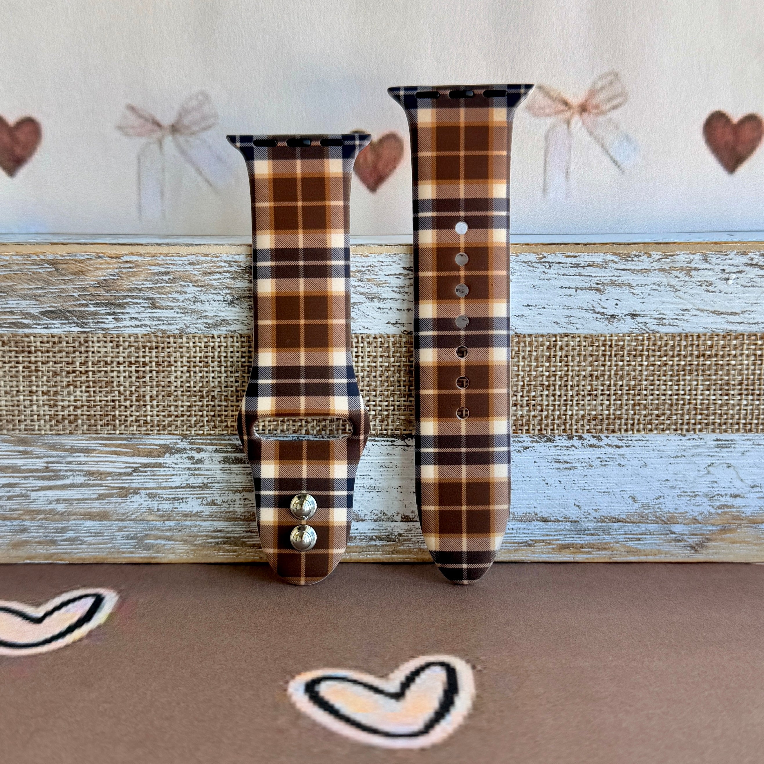 Toffee Tartan brown, tan and cream plaid silicone band for Apple Watch from Fancy Bands