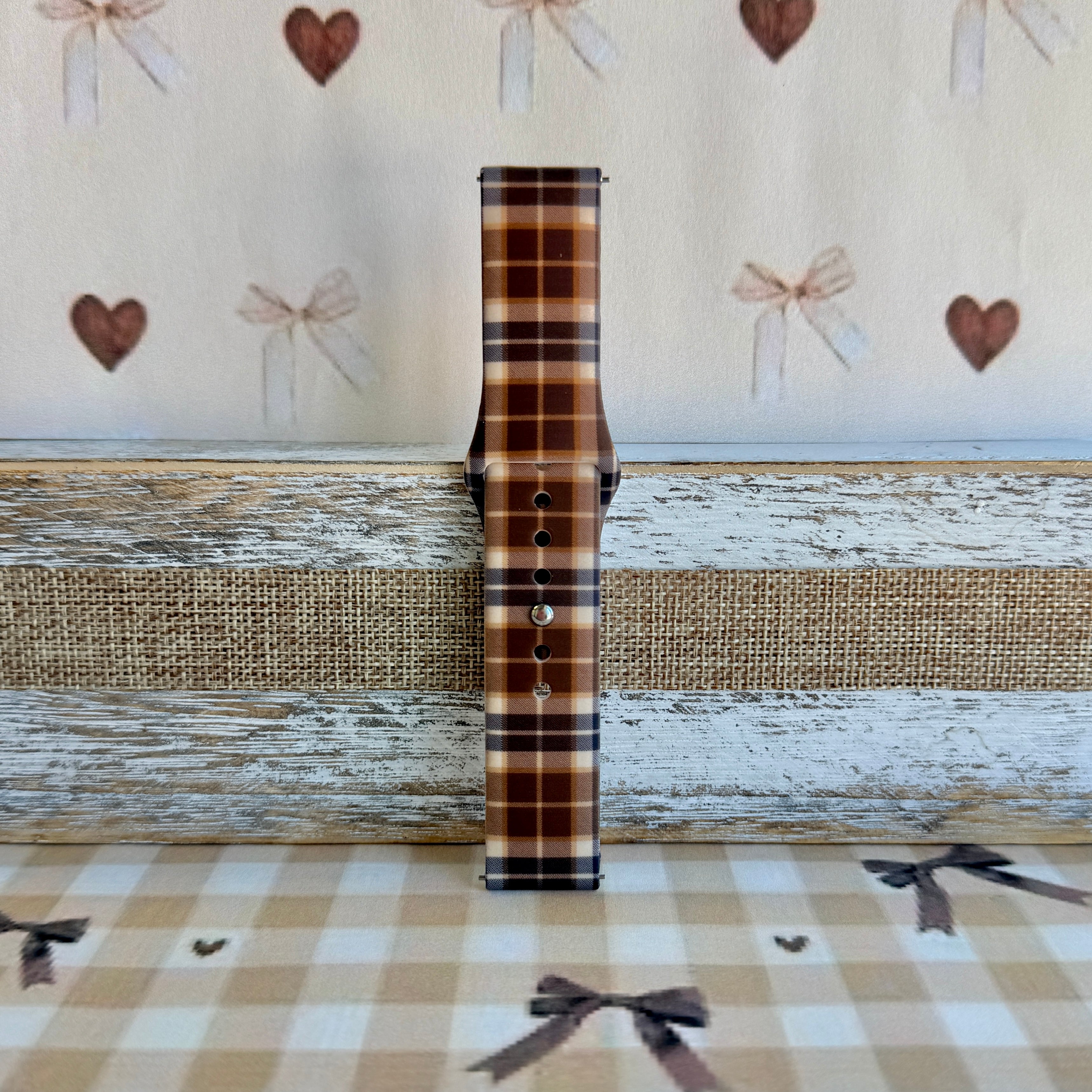 Toffee Tartan brown, tan and cream plaid silicone band for Samsung Galaxy Watch from Fancy Bands