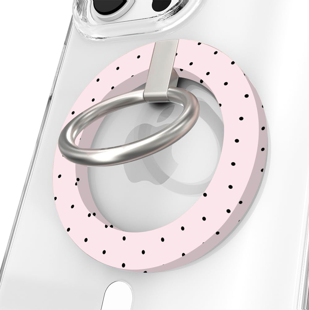 Silently Judging You soft pink MagSafe phone grip ring with small black polka dots compatible with iPhone and Samsung