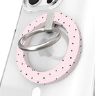 Silently Judging You soft pink MagSafe phone grip ring with small black polka dots compatible with iPhone and Samsung