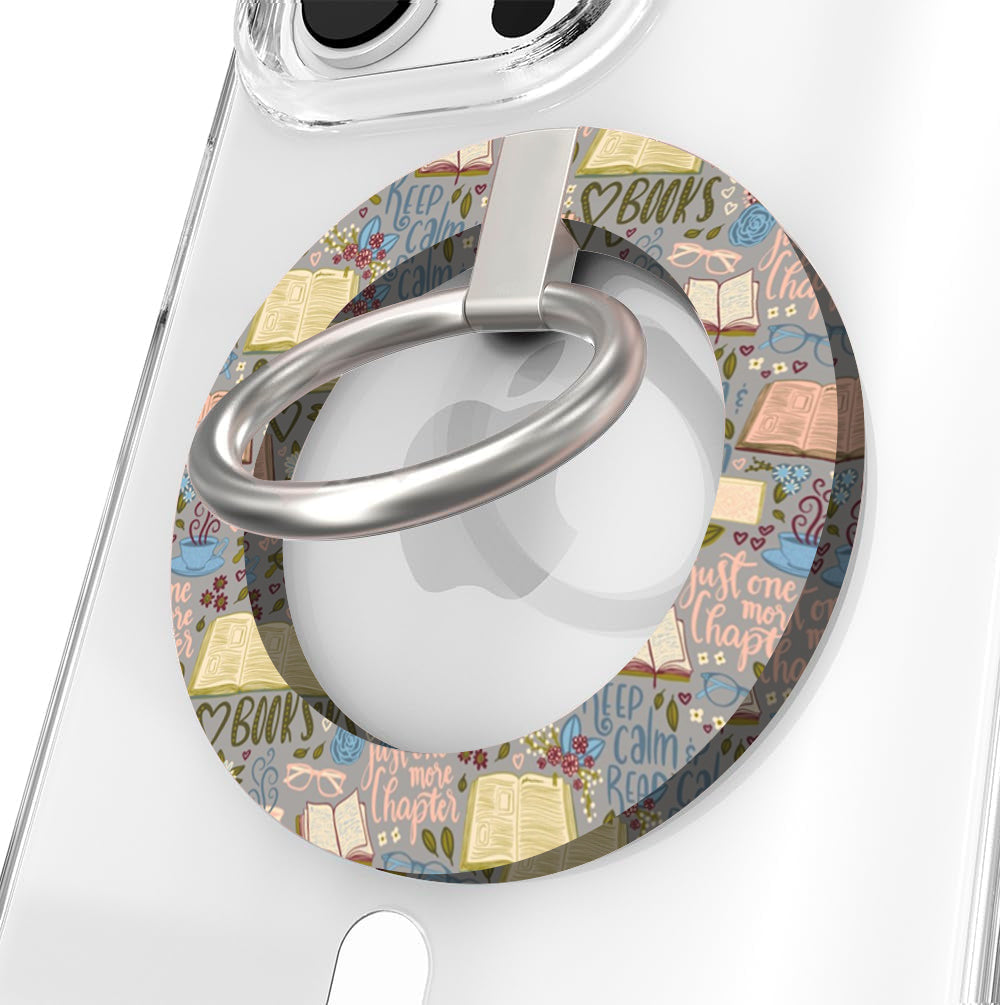 Book lover themed MagSafe phone grip ring with books coffee and glasses pattern compatible with iPhone and Samsung
