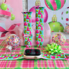 Merry & Bright, Totally! Apple Watch band shown on an Apple Watch and as two straps on a pink jewelry box, pink and lime Christmas trees on aqua