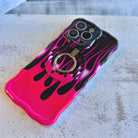 Hot Rod Pink Flame pattern MagSafe phone grip ring with neon pink fire on black background compatible with iPhone and Samsung