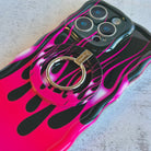 Hot Rod Pink Flame pattern MagSafe phone grip ring with neon pink fire on black background compatible with iPhone and Samsung