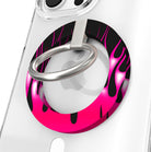 Hot Rod Pink Flame pattern MagSafe phone grip ring with neon pink fire on black background compatible with iPhone and Samsung