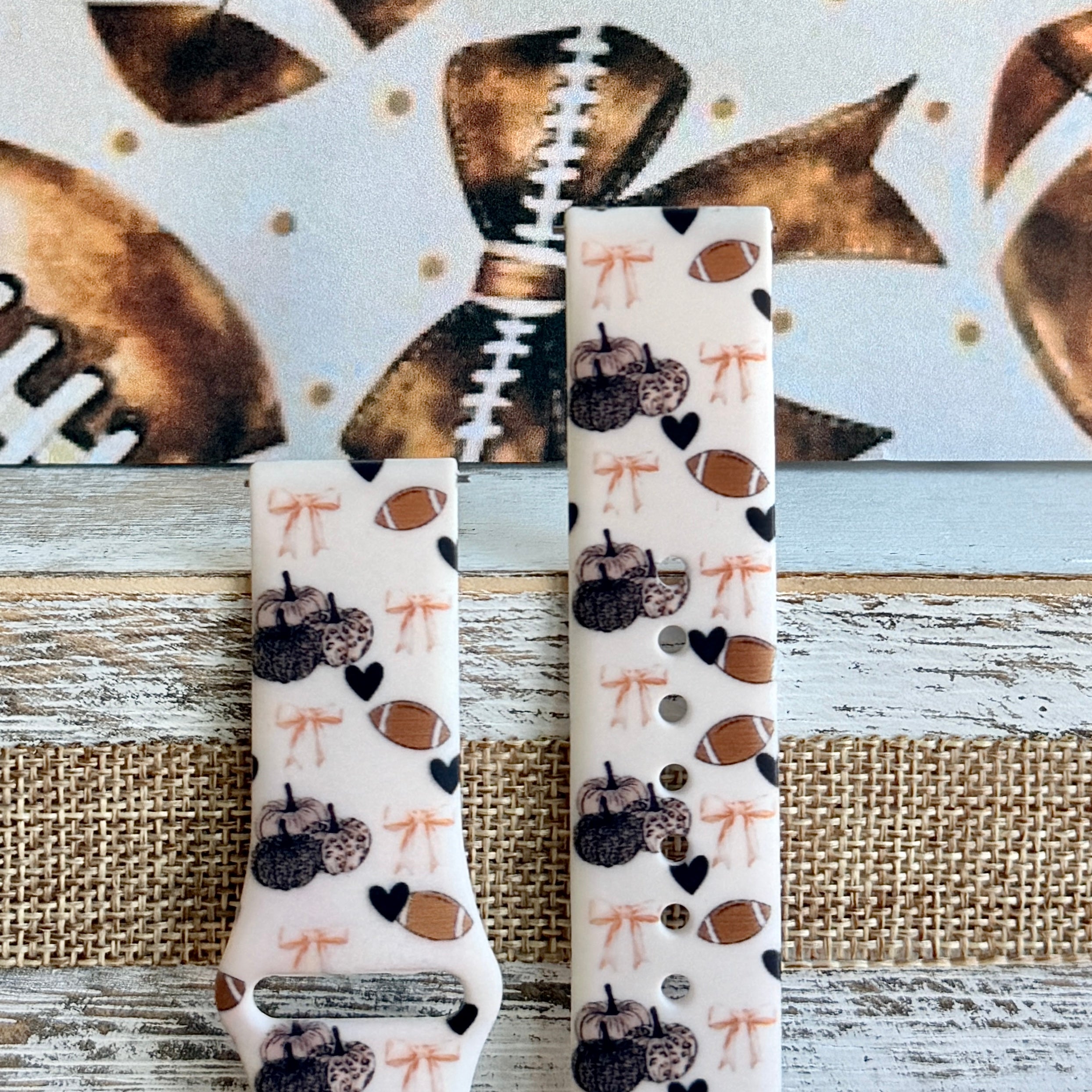 Game Day Darling coquette football print silicone band for Samsung Galaxy Watch with footballs, pumpkins, bows and hearts from Fancy Bands