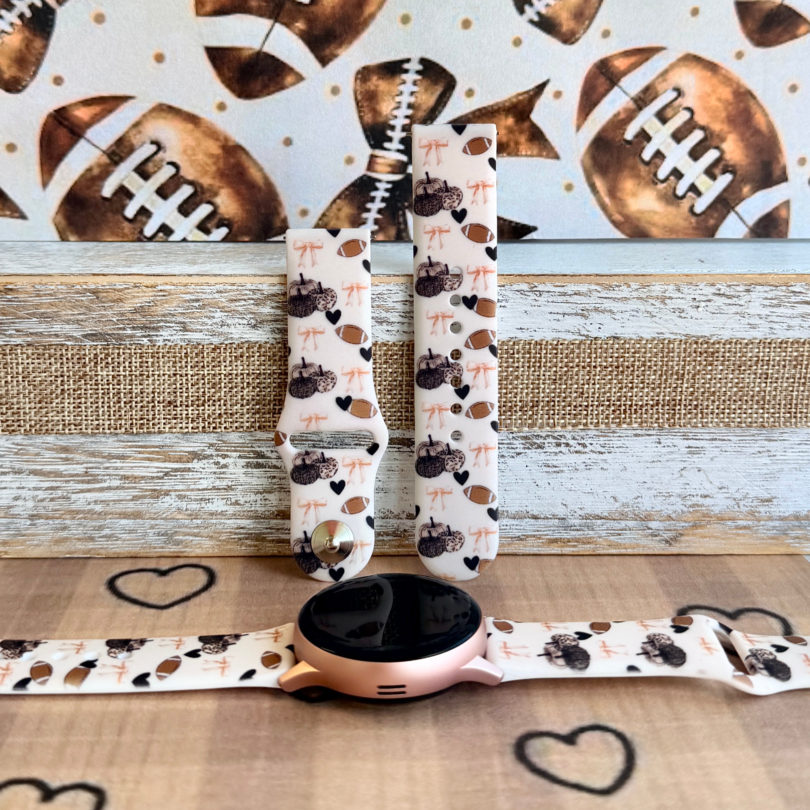 Game Day Darling coquette football print silicone band for Samsung Galaxy Watch with footballs, pumpkins, bows and hearts from Fancy Bands