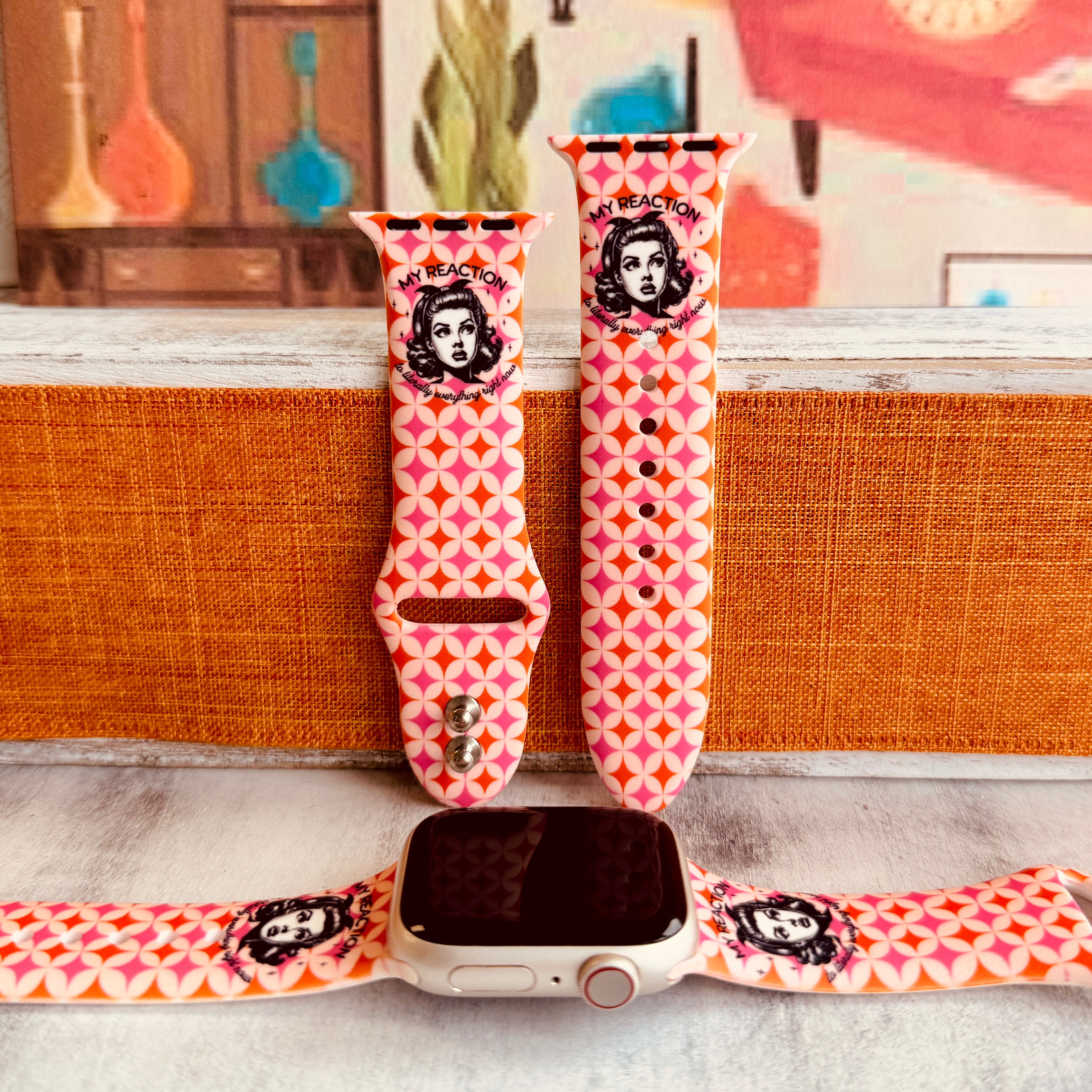 My Face Says It All Apple Watch band with sassy retro woman on pink and orange geometric pattern with Your Mood But a Band text
