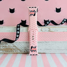 Silently Judging You Apple Watch band with black cat silhouette and funny text on pink background with polka dots
