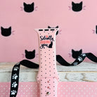 Silently Judging You Apple Watch band with black cat silhouette and funny text on pink background with polka dots
