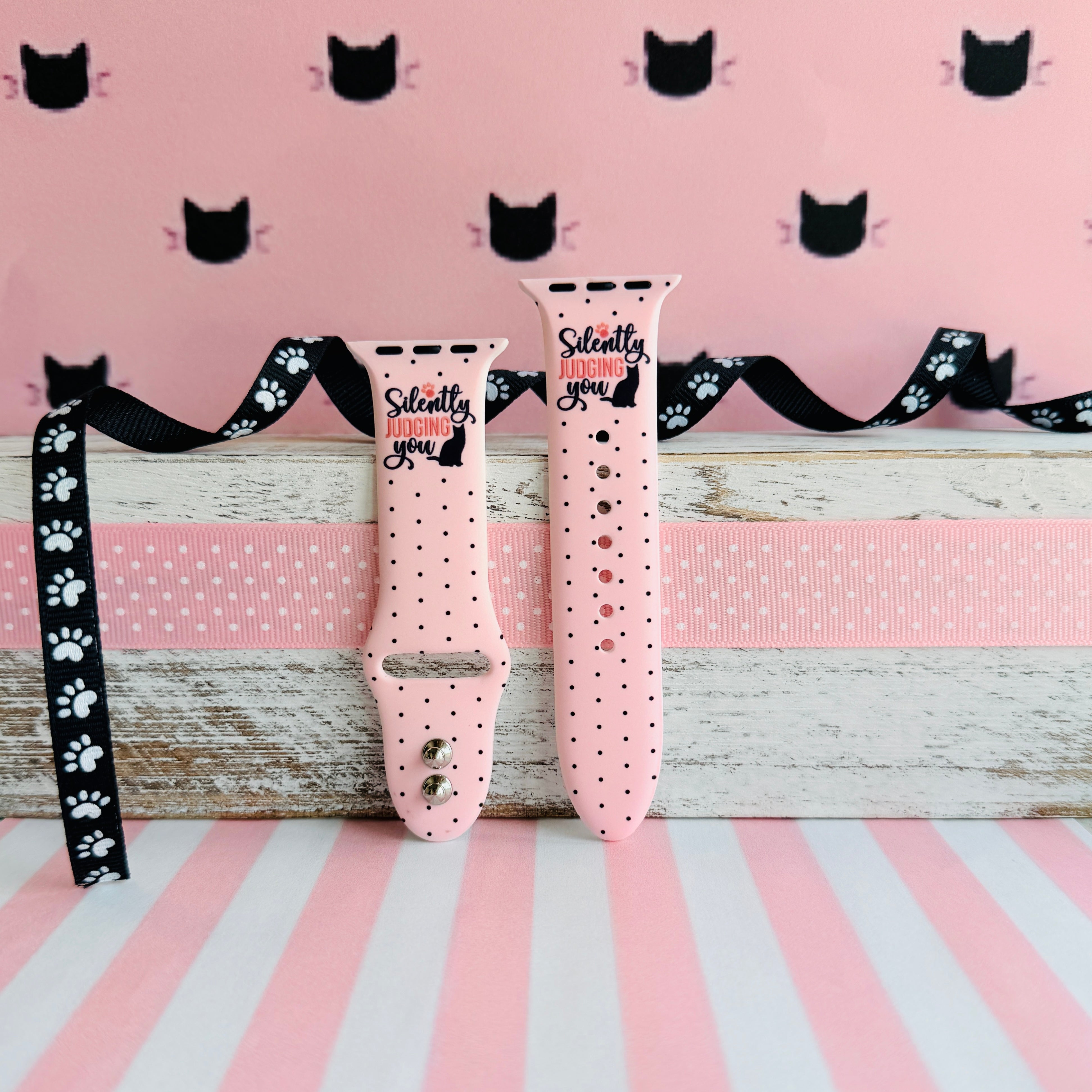 Silently Judging You Apple Watch band with black cat silhouette and funny text on pink background with polka dots
