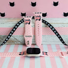 Silently Judging You Apple Watch band with black cat silhouette and funny text on pink background with polka dots
