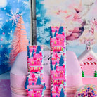 Close-up of both Sugarplum Square Samsung Galaxy Watch band straps with pink gingerbread houses and blue pines