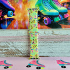 Roller Girl Apple Watch band with colorful roller skates on neon yellow background with disco ball and retro skate decorations