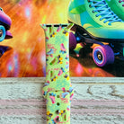 Roller Girl Apple Watch band with colorful roller skates on neon yellow background with disco ball and retro skate decorations