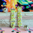 Roller Girl Apple Watch band with colorful roller skates on neon yellow background with disco ball and retro skate decorations