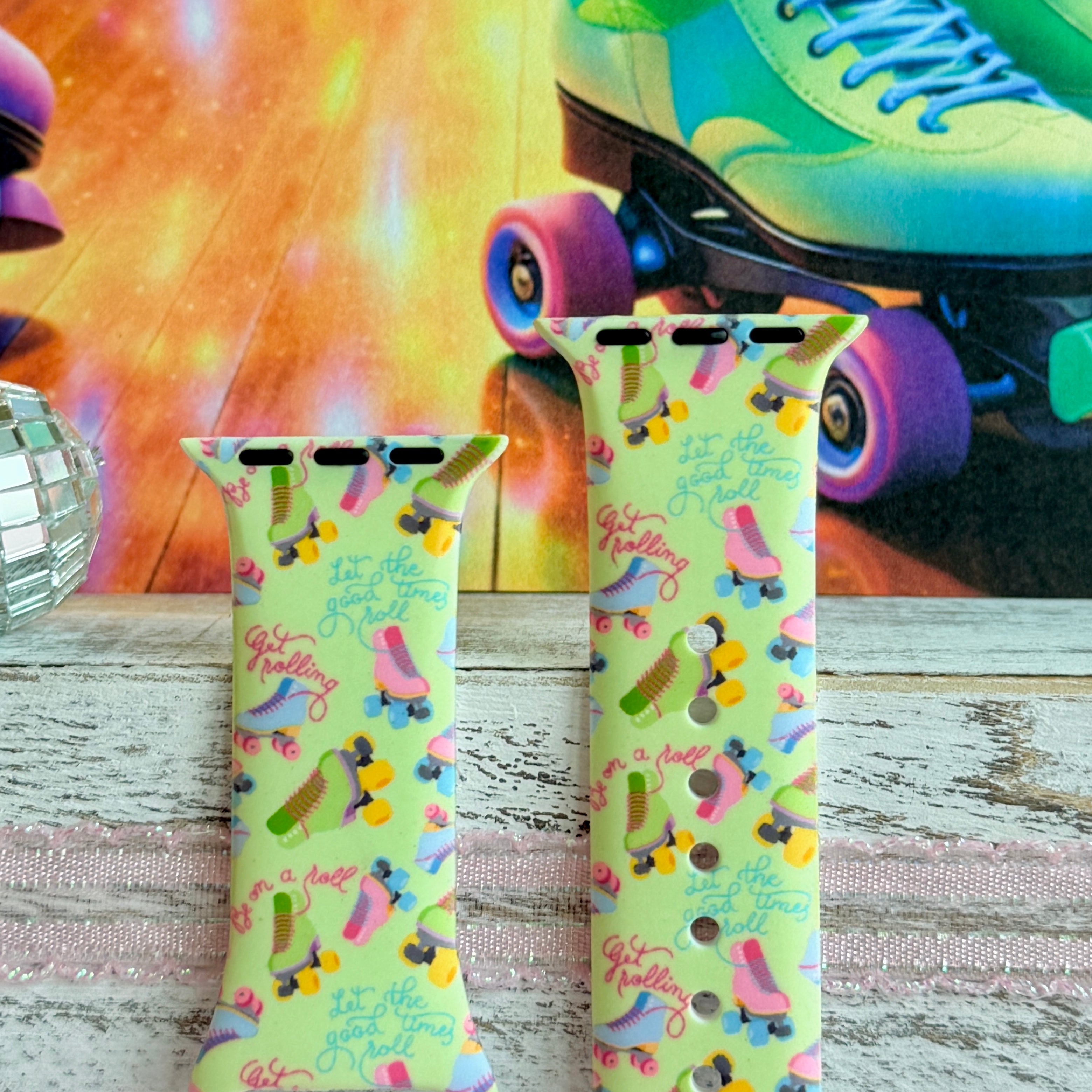 Roller Girl Apple Watch band with colorful roller skates on neon yellow background with disco ball and retro skate decorations